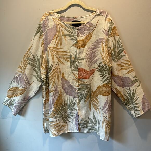 NWT Tahari 3X 100% Linen Leaf Print Long Sleeve Button Down Blouse Top - Picture 1 of 11